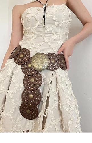 NociHah Wide Disc Western Belt for Women Boho Concho Leather Belts Vintage Cowboy Waist Belt for Dress thumbnail 2