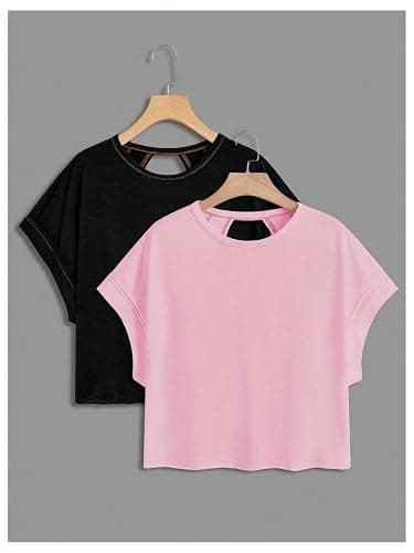 RoseSeek Women's 2 Packs Open Back Tops Criss Cross Cut Out Summer Casual T Shirt Crewneck Short Sleeve Backless Tee thumbnail 2