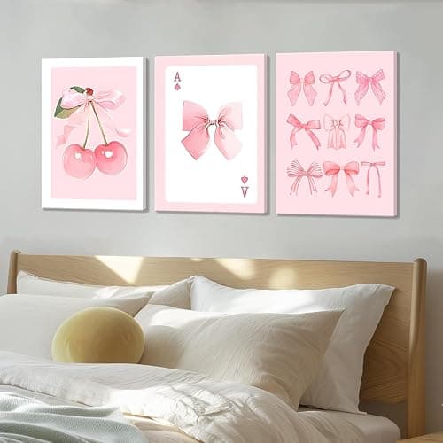 Coquette Pink Bow Canvas Wall Art Set of 3, Cherry Bow Posters Prints for Bedroom, Dorm, Bathroom Decor Painting Preppy Aesthetic Girls Room Decor Artwork for Women Teens Tween 12x16 Inch Framed thumbnail 3