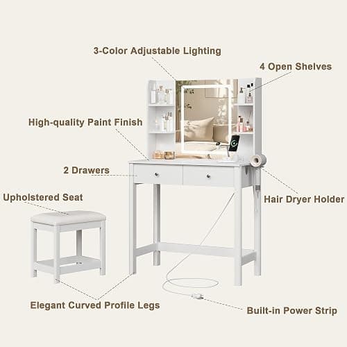 ProsperHaven Vanity Desk with Mirror and LED Lights, Small Makeup Vanity Table Set with Drawers and Chair, Dressing Table with Power Outlet for Girls Bedroom, White thumbnail 6