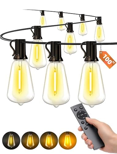VOZUJI Outdoor Patio String Lights: 100Ft 30M Outside Waterproof Light - Remote Dimmable ST38 Shatterproof Bulb Connectable Hanging Outdoor Electric Lighting - Backyard Yard Gazebo Porch Party - Image 1