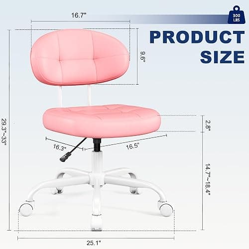 Misolant Vanity Chair with Back, Small Armless Cute Office Chair with Wheels and Lumbar Support, Comfy PU Leather Desk Computer Chairs with Adjustable Height, 360°Swivel for Home Bedroom Office, Pink thumbnail 2