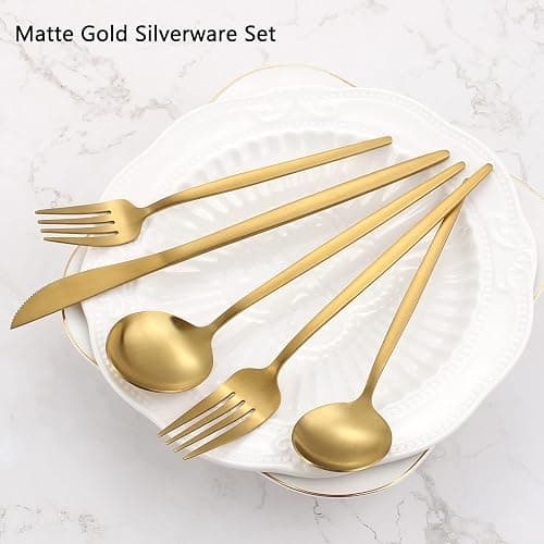 Matte Gold Silverware Set, VANVRO 20-Piece Stainless Steel Flatware Set, Satin Finish tableware Cutlery Set, Service for 4, Home and Restaurant, Dishwasher Safe thumbnail 4