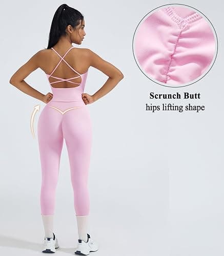 OMKAGI 2 Piece Workout Sets for Women Padded Workout Tops Booty Leggings with Pockets Gym Sets thumbnail 5