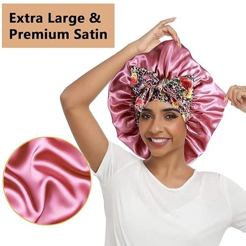 2pcs Large Silky Bonnets with tie Band Braid Bonnet, Satin Bonnet for Sleeping Curly Hair, A thumbnail 2
