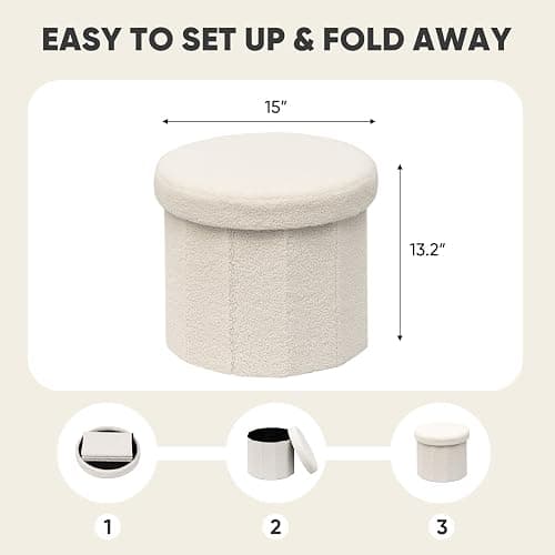 PINPLUS Round Storage Ottoman Cube Footrest - Versatile Boucle & Faux Teddy Fur Stool with Hidden Compartment for Living Room, Dorm, Bedroom White, 15"x15"x13.2" thumbnail 3