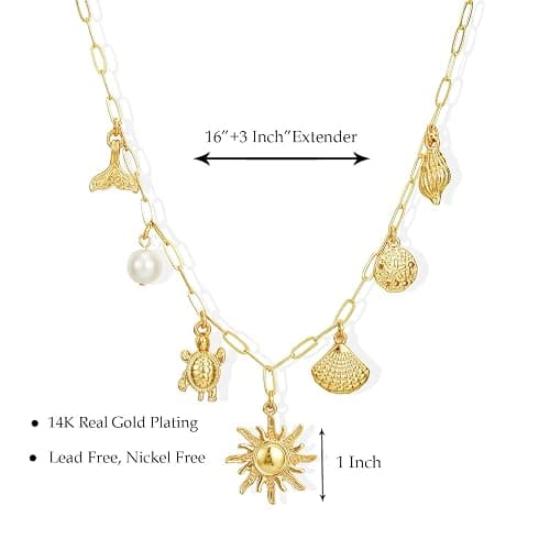 Lydow Charm Necklace for Women, 14K Gold Plated Shell Sun Starfish Summer Beach Necklace 16+3" Paperclip Chain Jewelry Gifts thumbnail 5