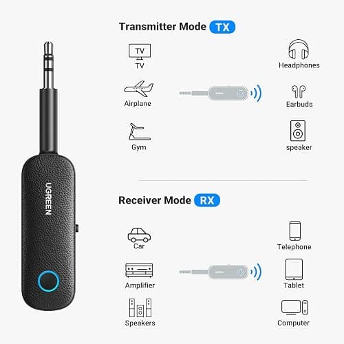 UGREEN Bluetooth Transmitter Receiver for 2 AirPods or BT Devices, Bluetooth Wireless Transmitter for Headphones, 3.5mm Aux Audio Jack Adapter for in-Flight TV Car Home Stereo System thumbnail 3