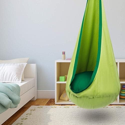 Y- STOP Kids Pod Swing Chair, Hanging Hammock Chair with Inflatable Pillow, Sensory Pocket for Outdoor and Indoor, Max 176Lbs(Green) thumbnail 2