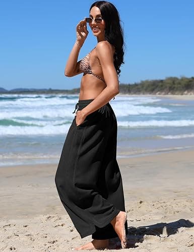 TARSE Women Linen Wide Leg Pants Casual Loose Drawstring Summer Beach Travel Vacation Palazzo Pants with Pockets thumbnail 5