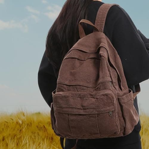 GAMLFL Coffee Brown Canvas Backpack for Women & Men Retro Aesthetic Rucksack Basic Backpack for High School/College Students Travel Laptop Bag thumbnail 2