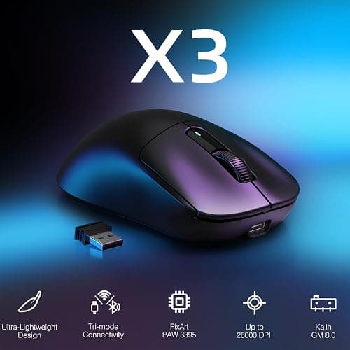 ATTACK SHARK X3 Wireless Gaming Mouse, 49g Ergonomic Computer Mouse, Triple Modes PAW3395 26K DPI Optical Sensor, 200h Battery Life, Programmable Buttons, Gaming Accessories for PC/Laptop/Mac (Black) - Black thumbnail 2