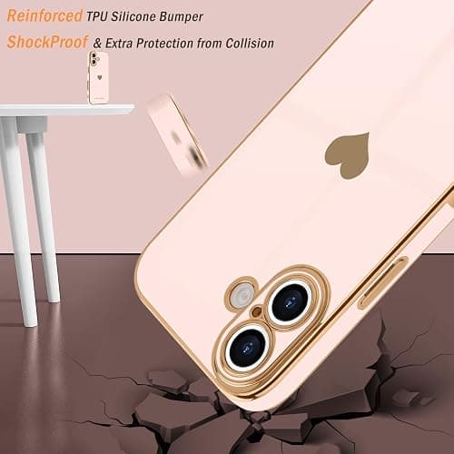 Teageo for iPhone 16 Case with Screen Protector [2 Pack], Light Pink | Girl Women Cute Girly Love-Heart Luxury Gold Soft Cover Camera Protection Shockproof Phone Case for iPhone 16 thumbnail 4