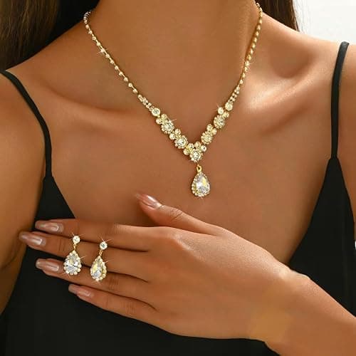 Rhinestone Necklace Earring Set for Women Bridal Wedding Prom Crystal Jewelry Set Sparkling Cubic Zirconia Teardrop Pendant Necklace Earrings Elegant Bridal Accessories for Wedding Prom Party thumbnail 2