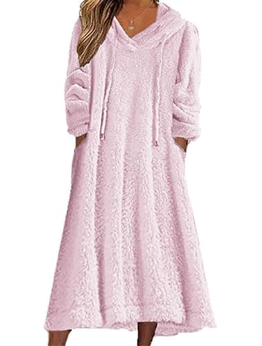 LOAIHA Womens Fuzzy Fleece Hoodie Dress Fall Warm Hooded Sweatshirt Dress Casual Sherpa Flannel Nightgowns with Pockets - Image 1