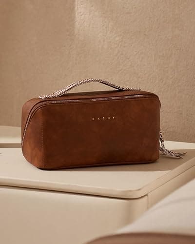 EACHY Travel Makeup Bag,Large Capacity Cosmetic Bags for Women,Waterproof Portable Pouch Open Flat Toiletry Bag Make up Organizer with Divider and Handle - Medium - AH-Brown thumbnail 9