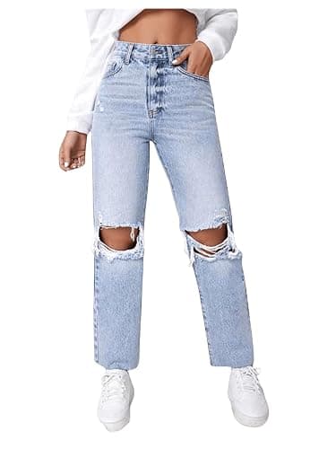 SweatyRocks Women's High Waist Ripped Distressed Cropped Jeans Straight Leg Denim Pants thumbnail 4