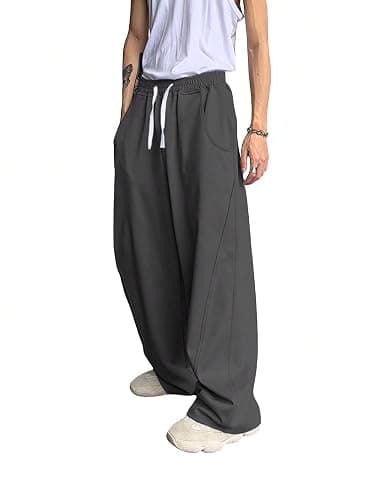 Men's Drawstring Elastic Waist Baggy Sweatpants Y2K Loose Wide Leg Long Pants with Pocket - Medium - Dark Grey thumbnail 3