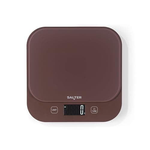 Salter British Bakes Digital Kitchen Scale 10kg, Waterproof Washable | 1g precision, tempered glass platform, tare add and weigh, measures liquids, backlit display, brown finish - Image 1