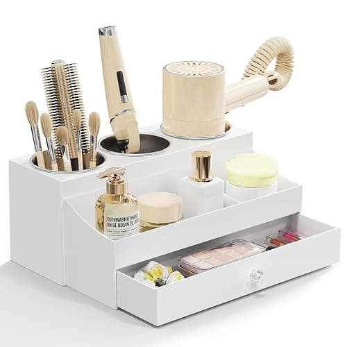 GFWARE Acrylic Hair Dryer Holder with Drawer, Bathroom Organizer Countertop Drawers with 3 Stainless Cups, Makeup Vanity Accessories, Hair Hot Tools Organizer, Toiletry, White - Image 1