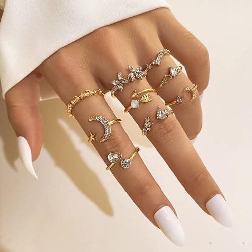 KISS WIFE Golden Stackable Moon Star Knuckle Rings Set for Women, Boho Dainty Lightweight Stacking Rings, Vintage Midi Rings Pack, Trendy Jewelry thumbnail 3