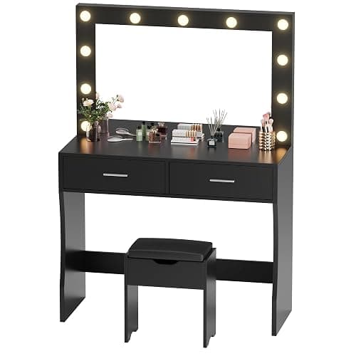 YESHOMY Vanity Desk with Mirror, Power Outlet and 11 Lights, Makeup Table with 2 Drawers, 3 Color Modes Available for Bedroom, Black thumbnail 7