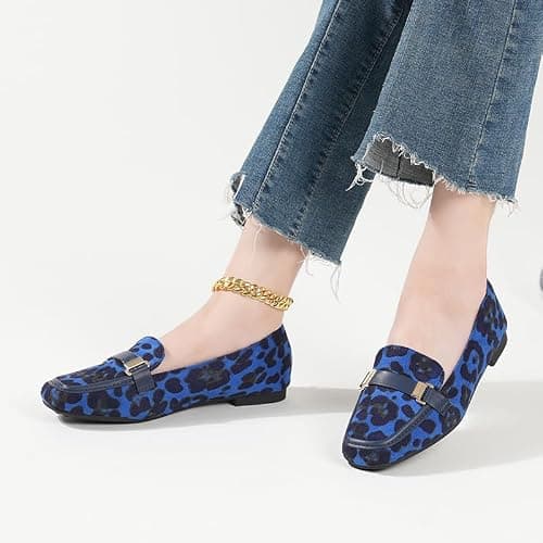 YQRUIMIAO Women's Loafers Leopard Suede Leather Leisure Shoes Comfort Work Slip-On Fashion Walking Shoes - 7 - Blue thumbnail 5