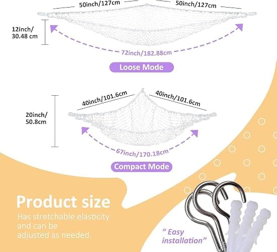 Lazebox Stuffed Animal Net Hammock for Plushie Toys, Stuffed Animal Hammock Corner for Kids' Room Decor, Ideas for Organizing Stuffy Collection, White, L (67" x 40" x 40")-Pack of 1 thumbnail 2