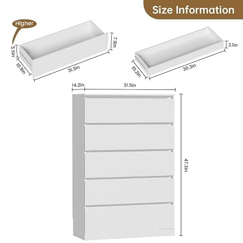 Dresser for Bedroom with 5 Drawers, 14.2" D x 31.5" W x 47.3" H, White | Modern Chest of Drawers with Hidden Drawer,Wood Storage Dresser, Storage Organizer for Living Room, Closet, Hallway thumbnail 3