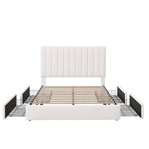 Allewie Full Size Storage Bed Frame, Vertical Channel Tufted Adjustable Headboard, Velvet Upholstered Platform Bed with 4 Oversized Underbed Drawers, Wooden Slats Support, No Box Spring Needed, White thumbnail 8