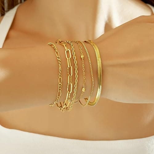 Wgoud Waterproof Gold Bracelets for Women Trendy, Dainty 14K Real Gold Plated Fashion Stackable Bracelet Sets for Women Thin Cuban Link Paperclip Chain Bracelets Layered Gold Jewelry Sets Gifts for Womens thumbnail 8