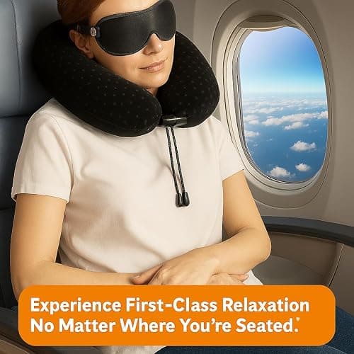 Aeris Memory Foam Travel Pillow for Airplanes - Best Airplane Neck Pillow for Long Flights - Plane Accessories Carry Bag to Save Space, Ear Plugs and Eye Mask - Perfect Flight Set & Gift thumbnail 8