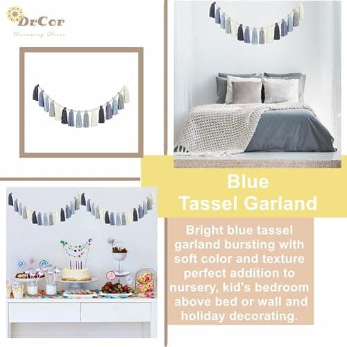 DrCor Coastal Boho Tassel Garland - Handmade Dusty Blue Yarn Banner for Classroom, Nursery, Kids Bedroom, Office, Baby Shower, Birthday Party, Back to School Decor - Jeans thumbnail 4