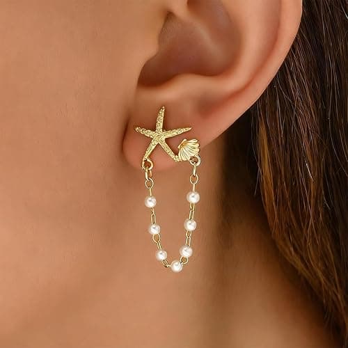 Starfish Earrings for Women Pearl Drop Seashell Earrings, Tropical Beach Ocean Dangle, Summer Vacation Beach Jewelry Gifts thumbnail 7