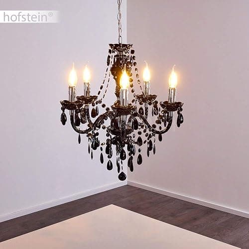 Lustre en métal noir/chrome, lampe à suspendre à 5 flammes, 5 x E14, suspension classique avec cristaux décoratifs, design vintage/rétro, ampoule(s) non incluse(s) thumbnail 4