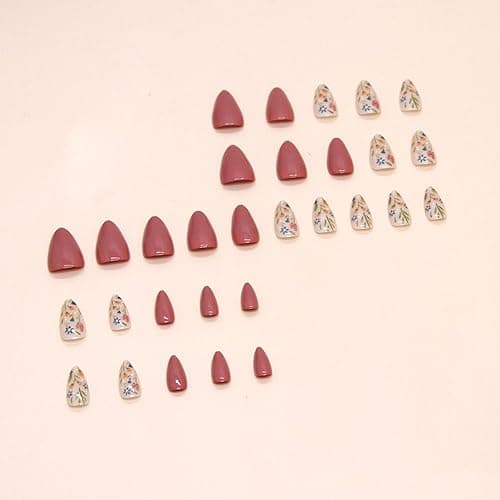 Almond Press on Nails Short Fake Nails Flower Glue on Nails Red Bean Paste Full Cover False Nails Press ons Glossy Acrylic Nails Artificial Stick on Nails for Women 24Pcs thumbnail 5
