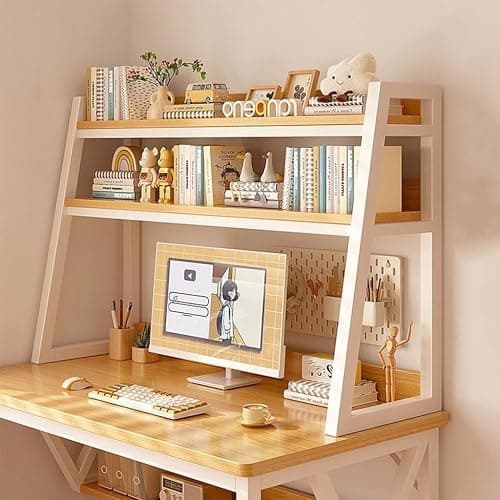 Eqvexd 3-Tiers Dorm Room Desk Hutch,Desktop Ladder Bookcase,Desk Hutch Dorm,Computer Desk Desktop Bookshelf,Bold Steel Frame,Environmental Protection Board,White-75 * 32 * 90cm/29.5 * 12.5 * 35.4in - Image 1