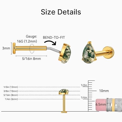 Humorrap 1PC ASTM F136 Titanium Push Pin Moss Agate Stone Flat Back Earrings 16G 8mm for Helix Conch Tragus thumbnail 2