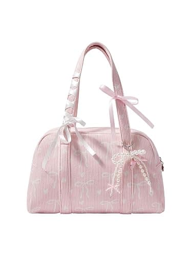 RoseSeek Women's Y2K Corduroy Bow Print Shoulder Bag Heart Zipper Double Handle Underarm Preppy Uniform Bags - Image 1