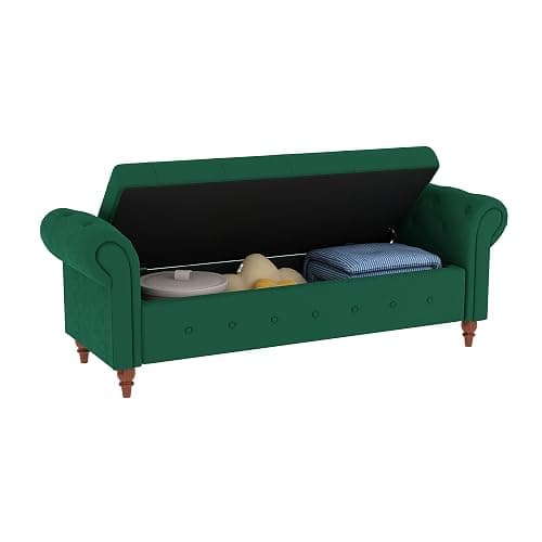 SOFTSEA 63'' Button Tufted Storage Ottoman Bench for Bedroom, Fabric Upholstered Footrest with Rolled Arms for Entryway, Living Room (Dark Green) thumbnail 7