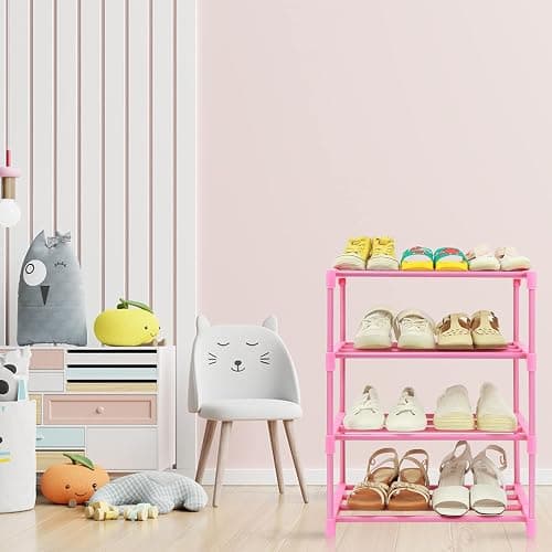 HITHIM 4-Tier Free Standing Shoe Racks for 6-8 Pairs Shoe Storage,Kids Shoe Racks for Small Place,Lightweight Stackable Shoe Shelf Organizer for Entryway, Doorway and Closet,Pink - Pink - 4-Tier thumbnail 2
