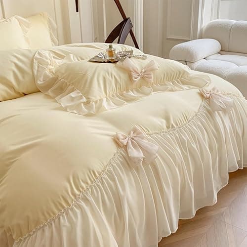 ❤️SOUKECHY Ruffled Bedding Bow Duvet Cover Set with Butterfly Tie, Full Comforter Cover Set, Shabby Chic Bedding Set,Romantic French Princess Style -Yellow,Full thumbnail 7