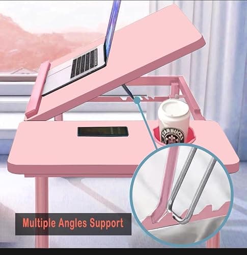 KKTECH Laptop Tray with Adjustable Angle, Space-Saving Bed Table with Foldable Legs, Cup Slot, Book Holder, Reading Stand, Versatile Laptop Table for Bed Use (PINK) thumbnail 4