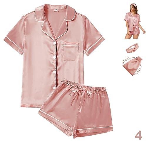 WJing Yi Jia 4Pcs Womens Satin Silky Pajama Sets Short Sleeve Shirt XS-4XL Floral Pajamas Set Soft PJ Loungewear Sleepwear - Image 1