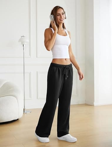 DLOODA Womens Wide Leg Sweatpants Interior Drawstring Baggy Sweat Pants with Pockets Elastic Waisted Lounge Casual Trousers thumbnail 5