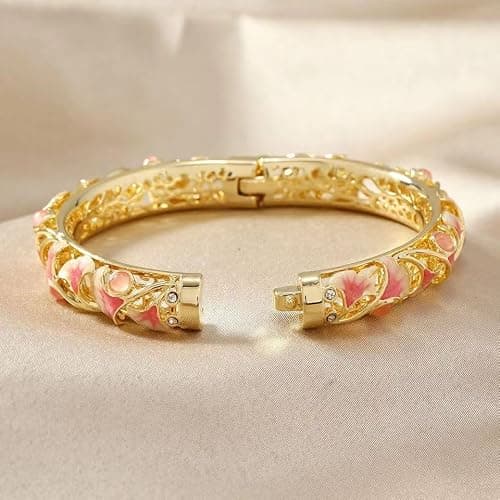 FcaLdqy Cloisonne Bracelet,Enamel Bracelet, Pink Purple Ginkgo Leaf Bracelets Traditional Cloisonne Enamel Ethnic Spring Hinged Cuff Bangles for Women thumbnail 3