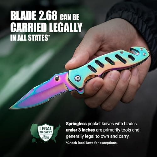 Legal Rainbow Pocket Knife with Glass Breaker Seatbelt Cutter - 2.68 Inch Sharp Serrated Blade - Cute Small Folding Womens Knives for Self Defense EDC Camping - Food Processing Mincing Knives 6655 R thumbnail 4