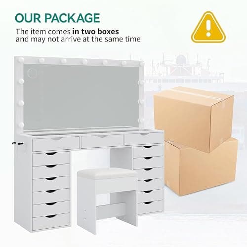 Yanosaku Vanity Desk with Mirror and Lights, Makeup Table with Charging Station, 3 Color Lighting Modes, 15 Drawers Dressing Table, Vanity with Chair for Bedroom, White thumbnail 8