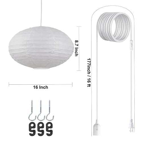 FEHEED 16" Oval Plug in Pendant Light Fixture,15 Ft Hanging Paper Lantern Oval White Paper Lamp Hanging Pendant Light with On/Off Switch for Birthday Wedding Living Room and Home Decor thumbnail 4