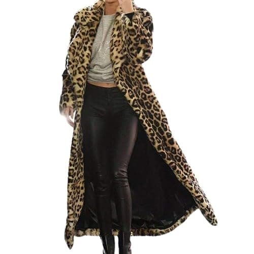 Women's Sexy Elegant Vintage Leopard Print Lapel Faux Fur Long Maxi Coat Jacket - Coffee 1 - X-Large - Image 1